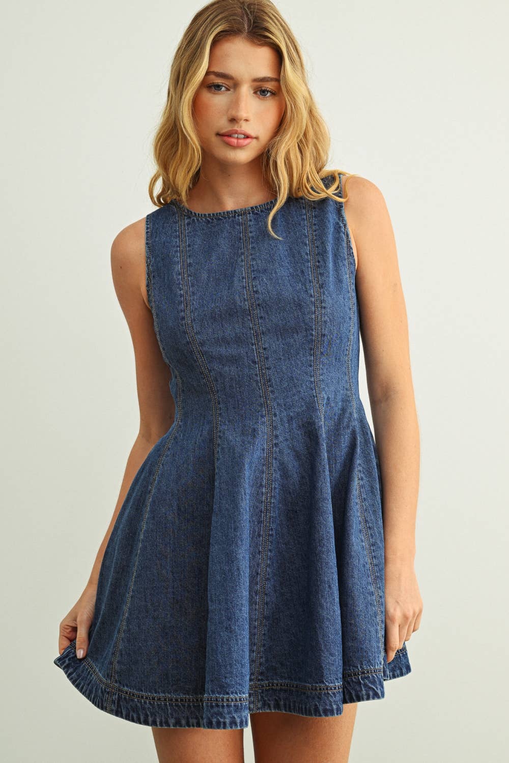 SLEEVELESS DENIM SHORT MIDI DRESS