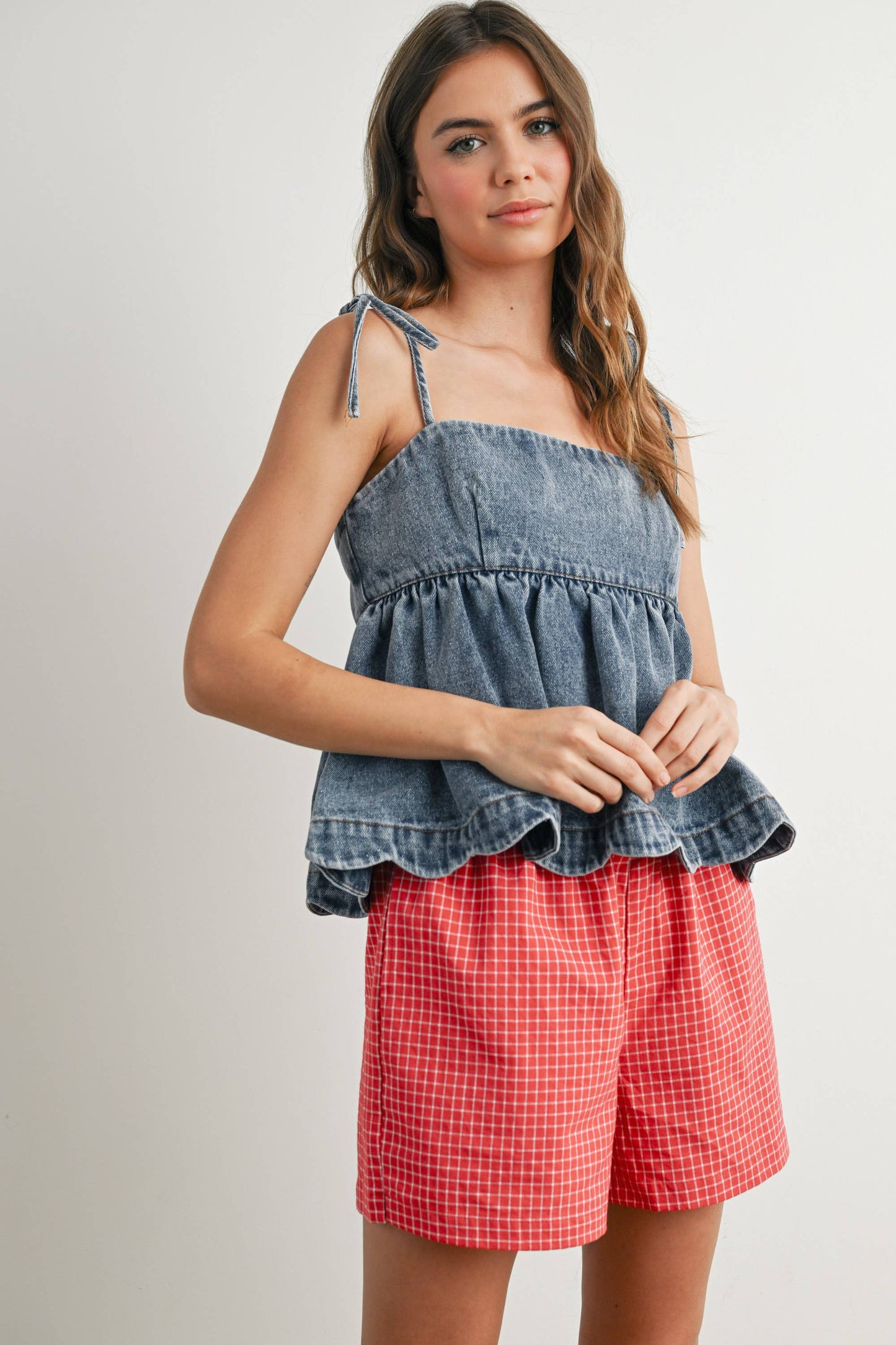 Denim Tie-Strap Peplum Top