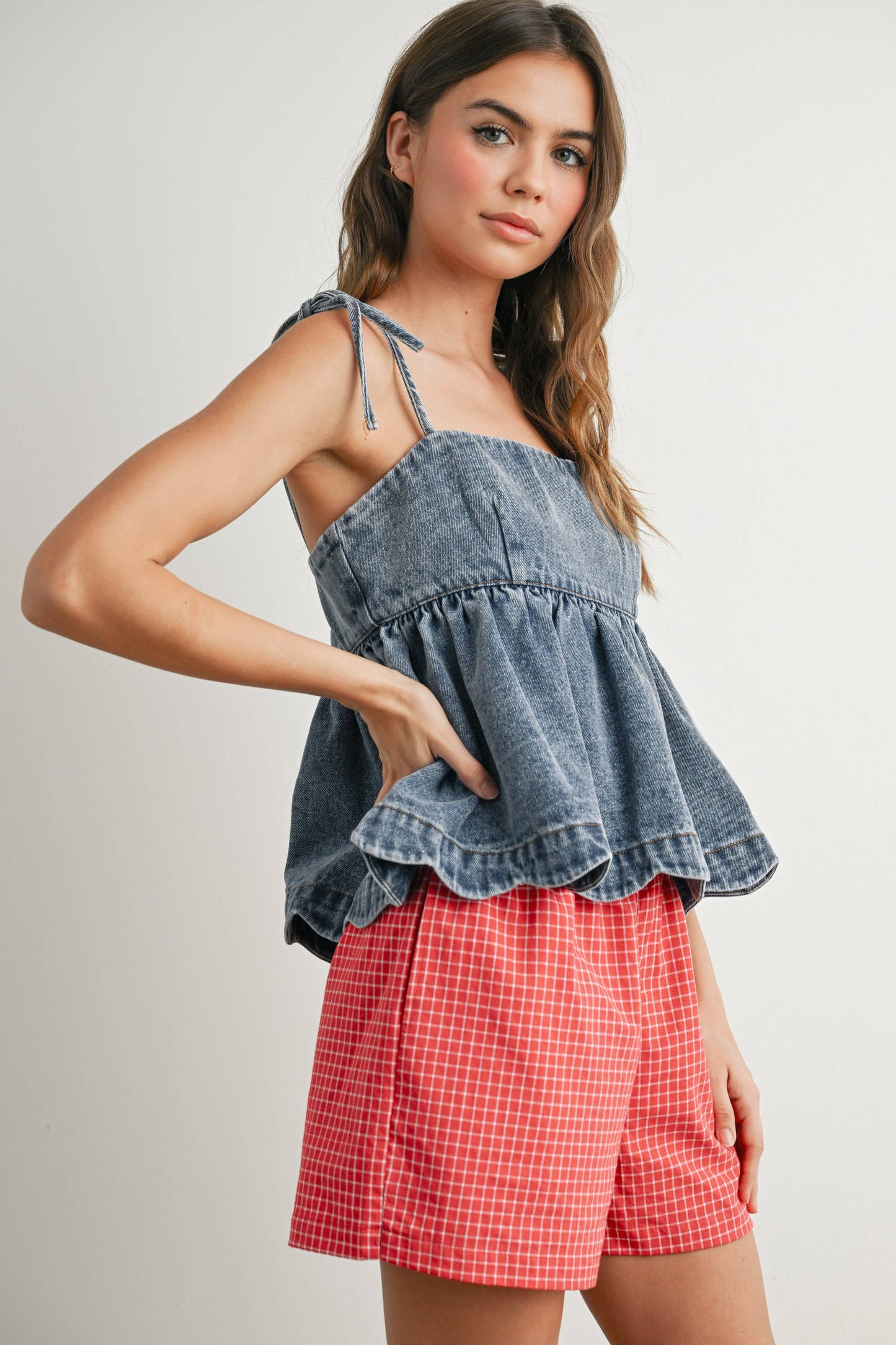 Denim Tie-Strap Peplum Top