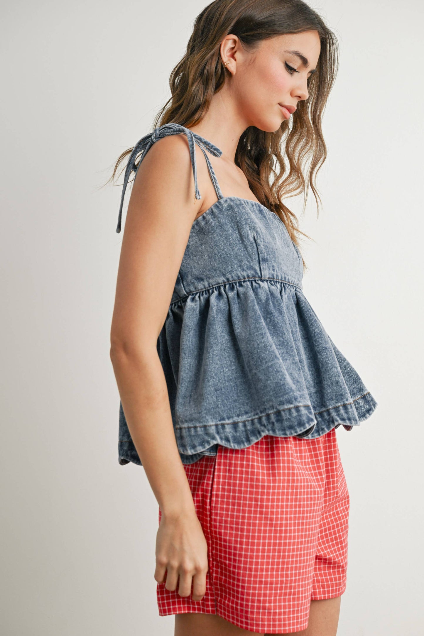 Denim Tie-Strap Peplum Top