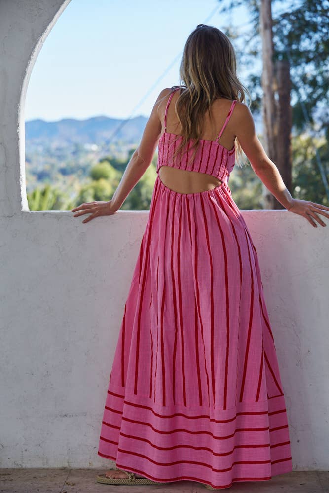 Woven Cotton Striped Square Flare Midi Dress